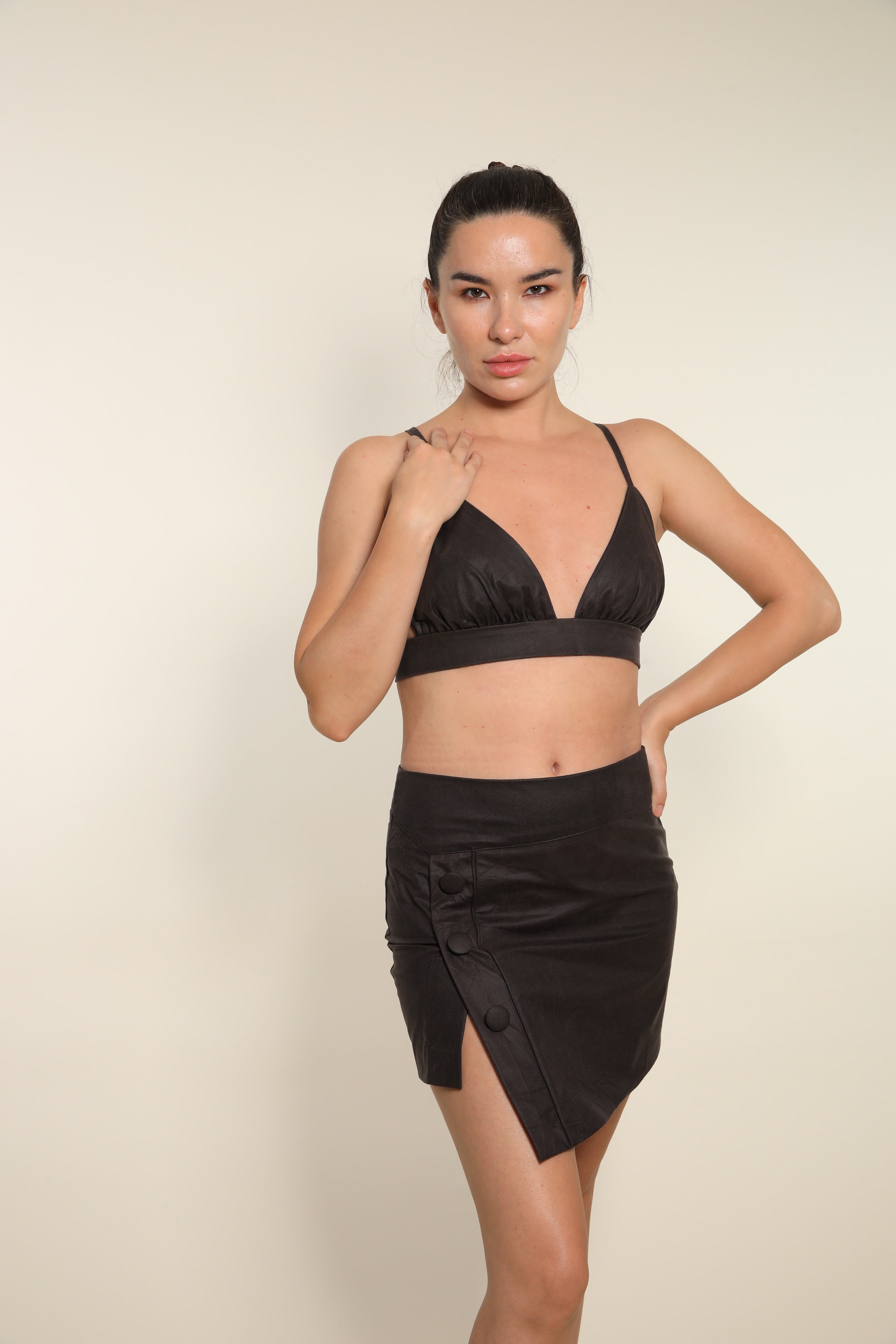 Dark Chocolate Mini Skirt With Asymmetrical Detail – Mkeyzee London