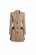 Mkeyzee London beige poly wool blazer dress with tailored silhouette, brown pocket accents, and button-front closure.