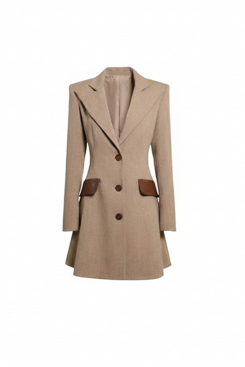 Mkeyzee London beige poly wool blazer dress with tailored silhouette, brown pocket accents, and button-front closure.