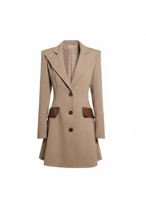 Mkeyzee London beige poly wool blazer dress with tailored silhouette, brown pocket accents, and button-front closure.