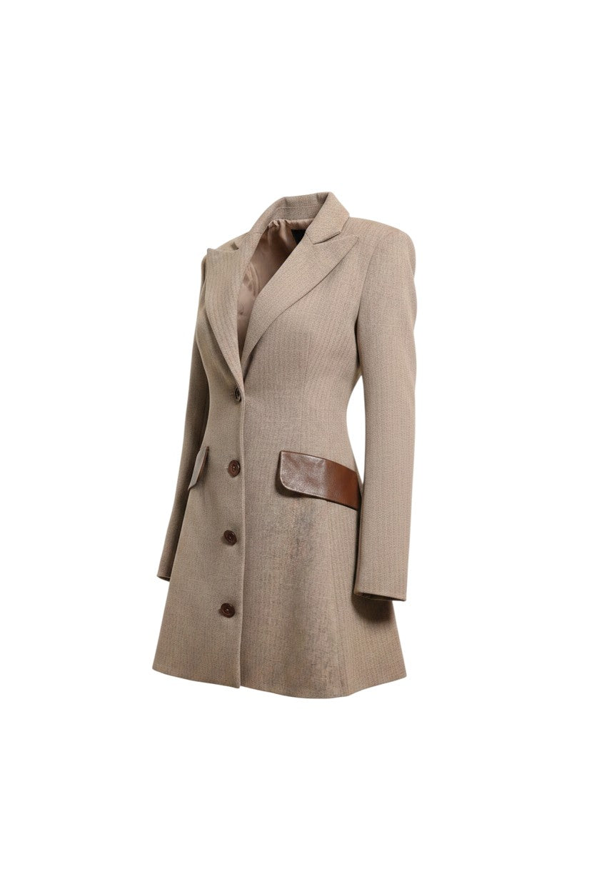 Mkeyzee London beige poly wool blazer dress with tailored silhouette, brown pocket accents, and button closure.