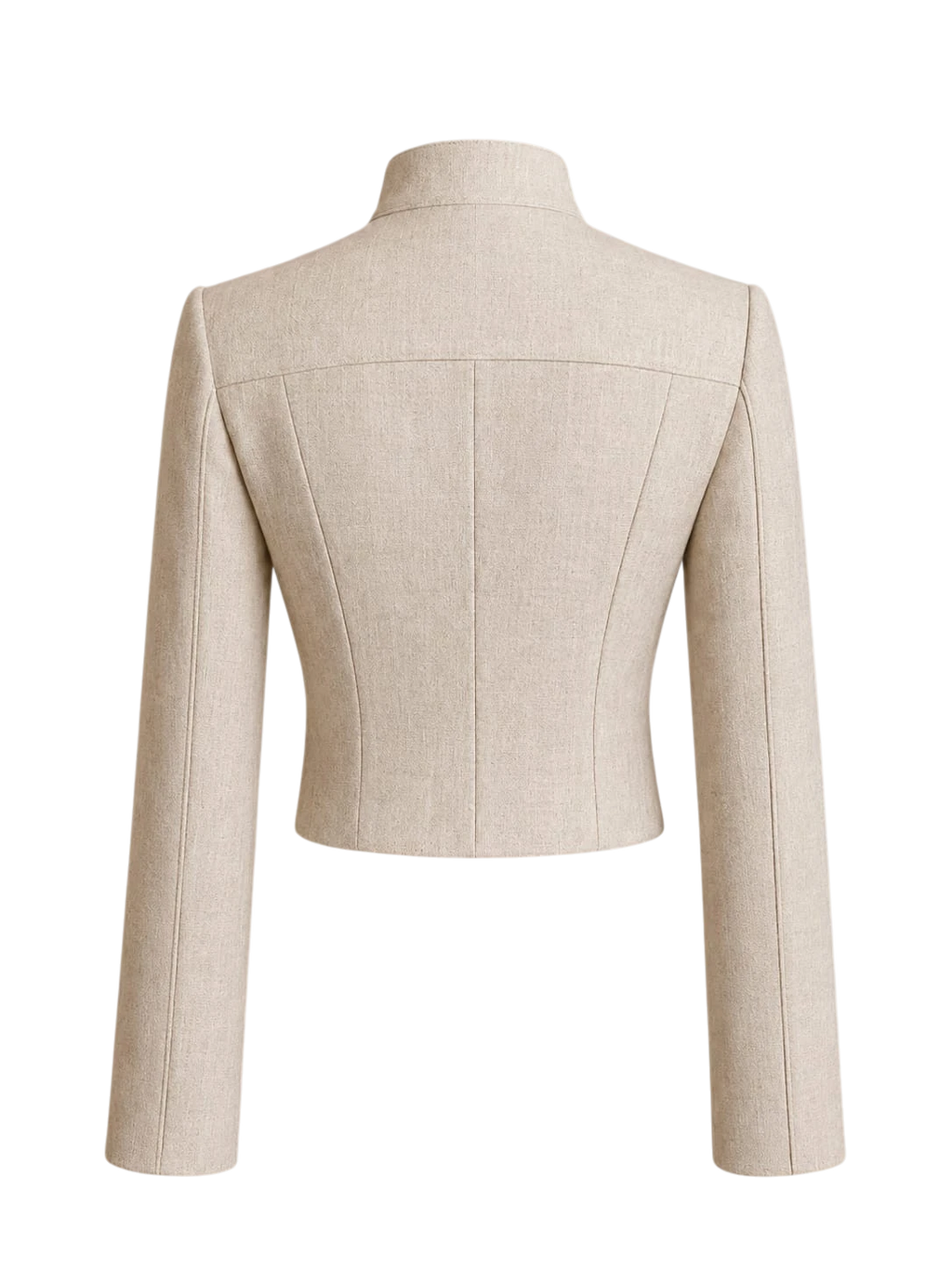 Back view of Mkeyzee London beige linen cropped jacket with structured shoulders, stand collar, and panelled seams.