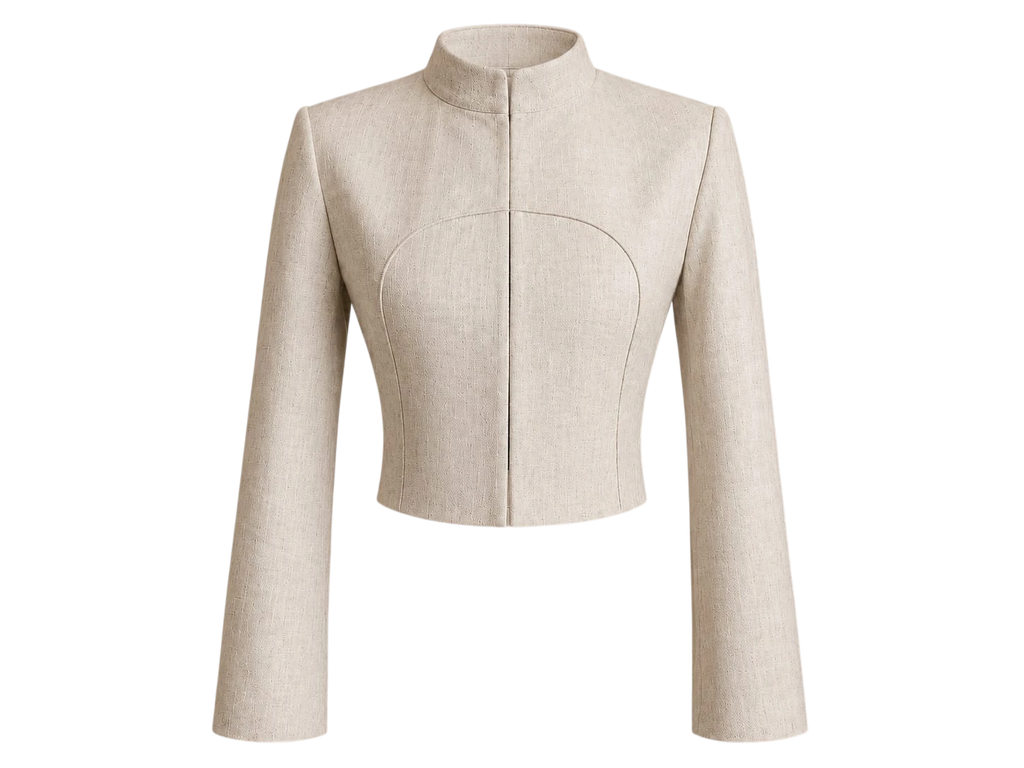 Mkeyzee London beige linen cropped jacket with a high stand collar, structured shoulders, and a curved front seam.