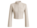 Mkeyzee London beige linen cropped jacket with a high stand collar, structured shoulders, and a curved front seam.
