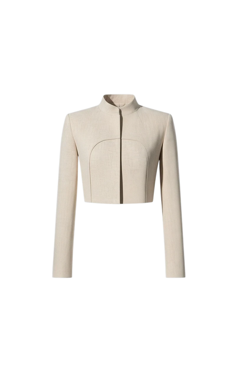 Mkeyzee London beige linen cropped jacket with a high stand collar, structured shoulders, and curved front seam.