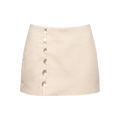 Mkeyzee London beige linen-blend mini skirt with a tailored fit and decorative iridescent shell-like front buttons.