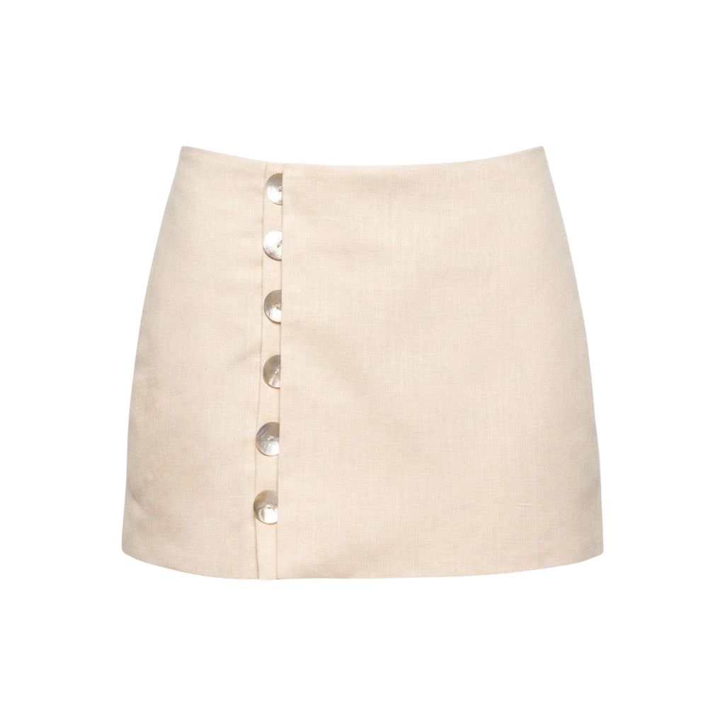 Mkeyzee London beige linen-blend mini skirt with a tailored fit and decorative iridescent shell-like front buttons.