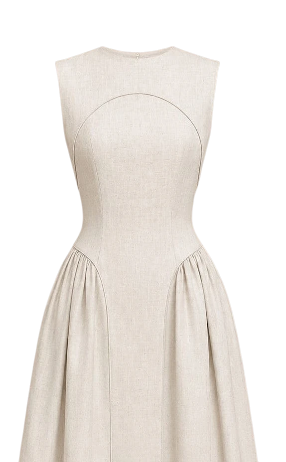 Mkeyzee London beige linen dress with a structured bodice, tonal piping, and a full gathered skirt.