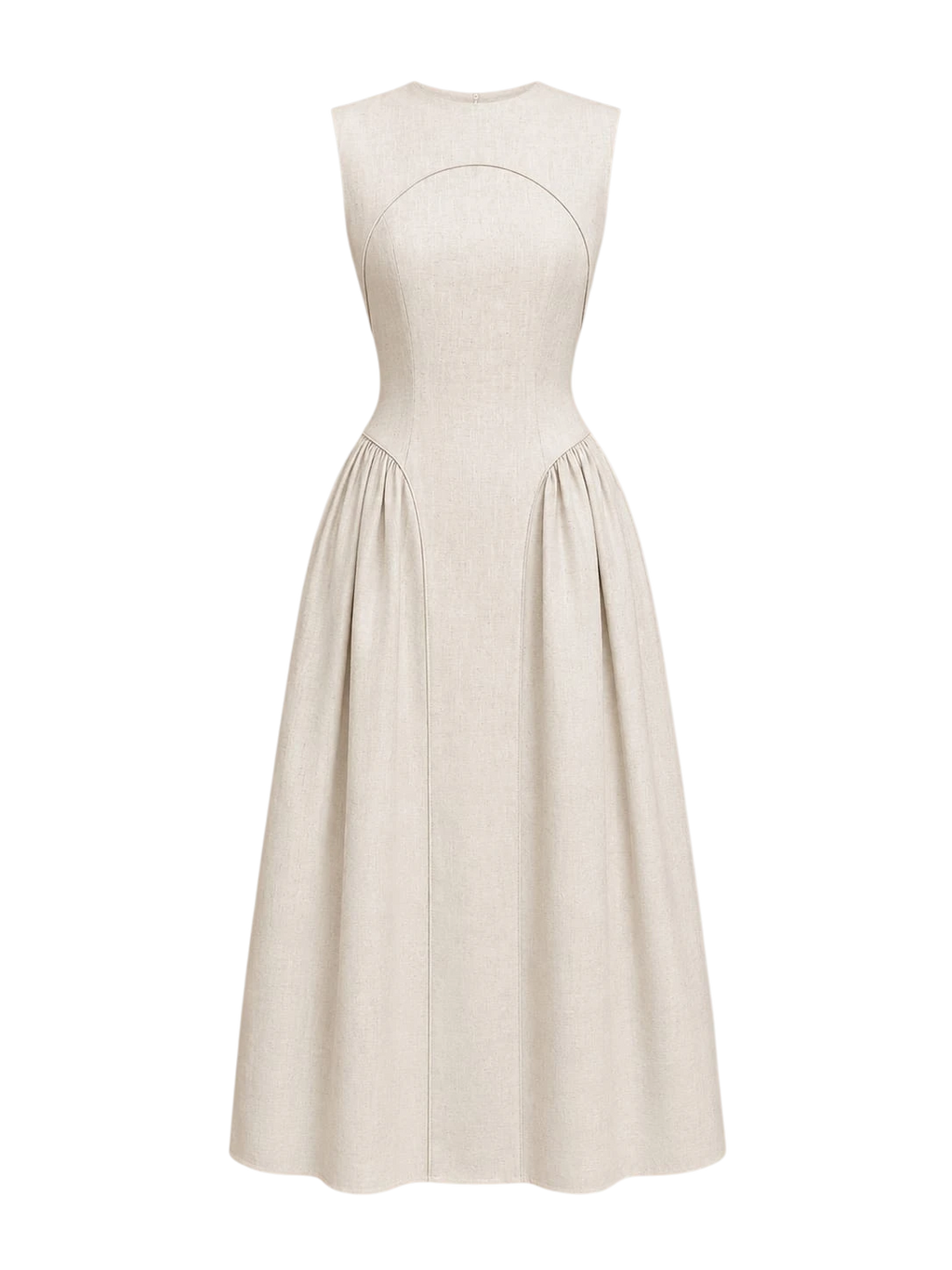 Mkeyzee London beige linen dress with a structured bodice, tonal piping, and a full gathered skirt.