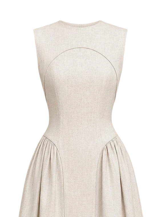 Mkeyzee London beige linen dress with structured bodice, tonal piping, and curved seam lines on a sleeveless silhouette