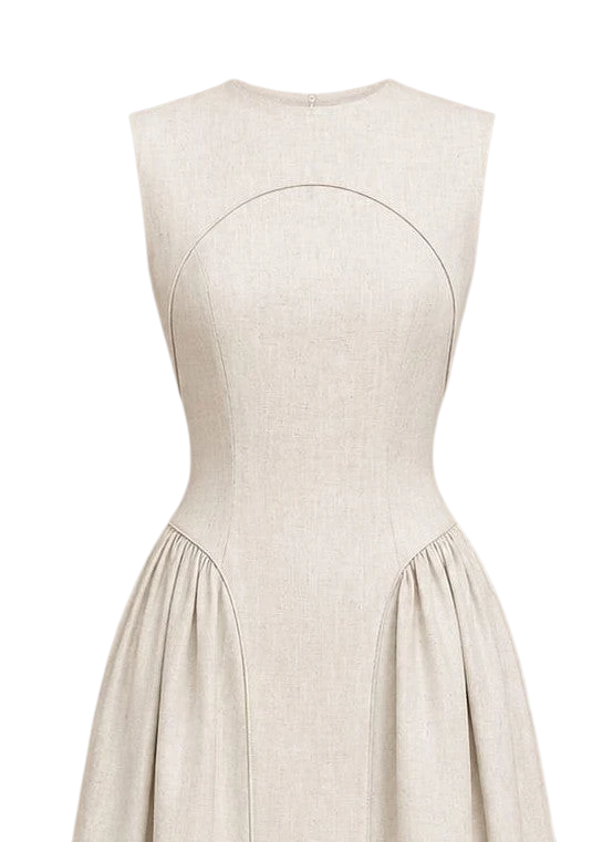 Mkeyzee London beige linen dress with structured bodice, tonal piping, and curved seam lines on a sleeveless silhouette