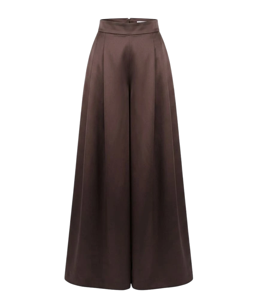 Mkeyzee London chocolate brown high-waisted wide-leg trousers in premium cotton sateen with deep front pleats.