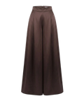 Mkeyzee London chocolate brown high-waisted wide-leg trousers in premium cotton sateen with deep front pleats.
