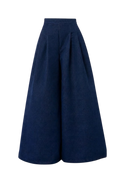 Mkeyzee London dark indigo denim trousers with a high-waisted, extreme wide-leg silhouette and front pleat detail.