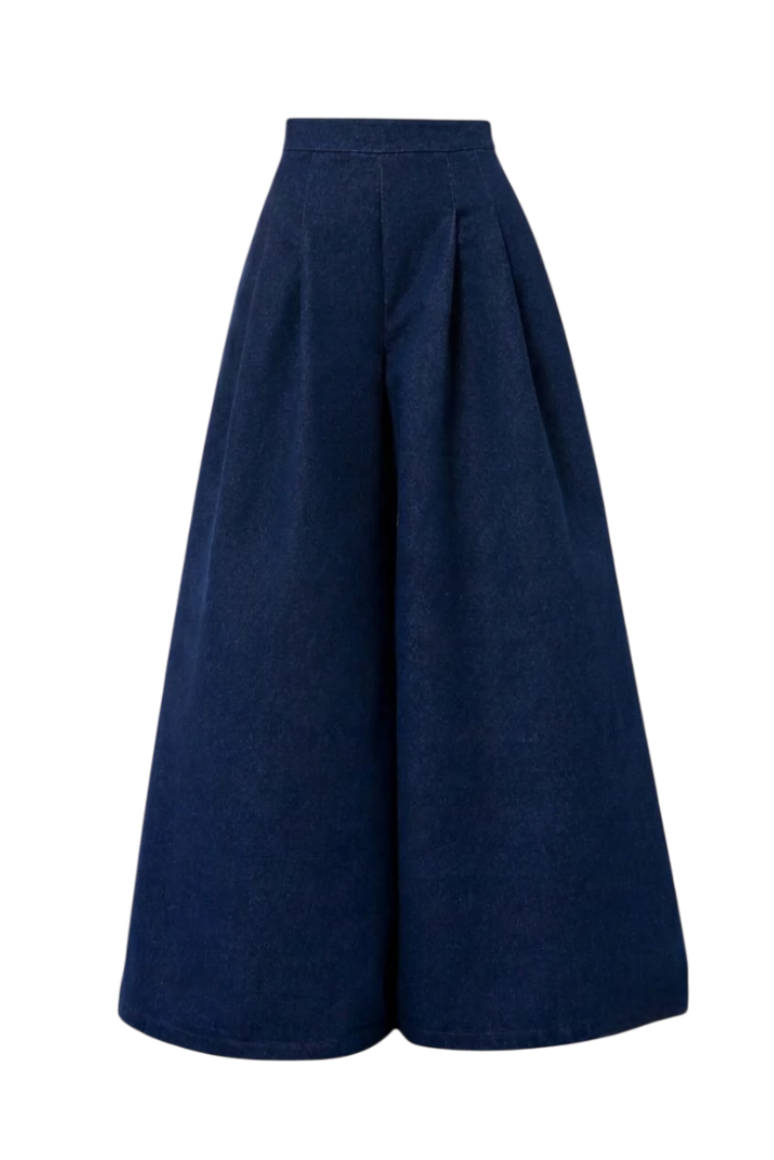 Mkeyzee London dark indigo denim trousers with a high-waisted, extreme wide-leg silhouette and front pleat detail.