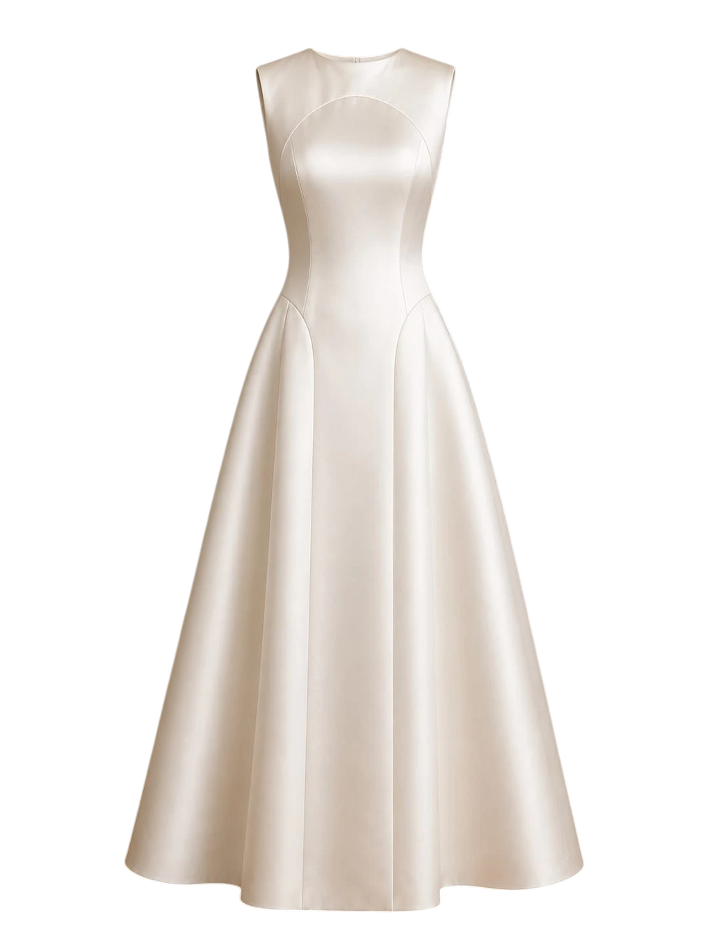 Mkeyzee London Delianna gown in ivory duchess satin with a structured sleeveless bodice and voluminous skirt.