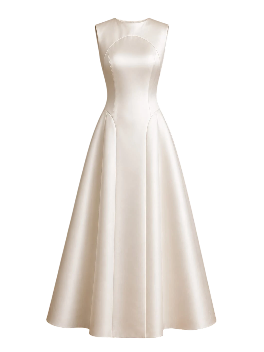 Mkeyzee London Delianna gown in ivory duchess satin with a structured sleeveless bodice and voluminous skirt.