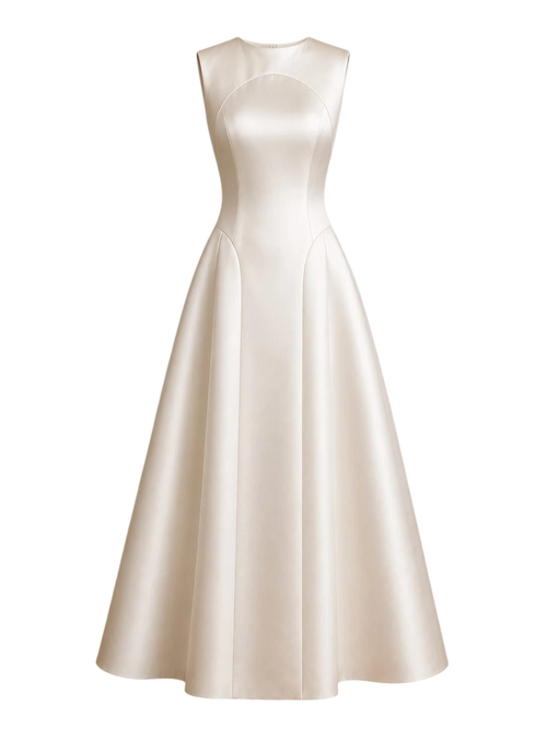 Mkeyzee London Delianna gown in ivory duchess satin with a structured sleeveless bodice and voluminous skirt.