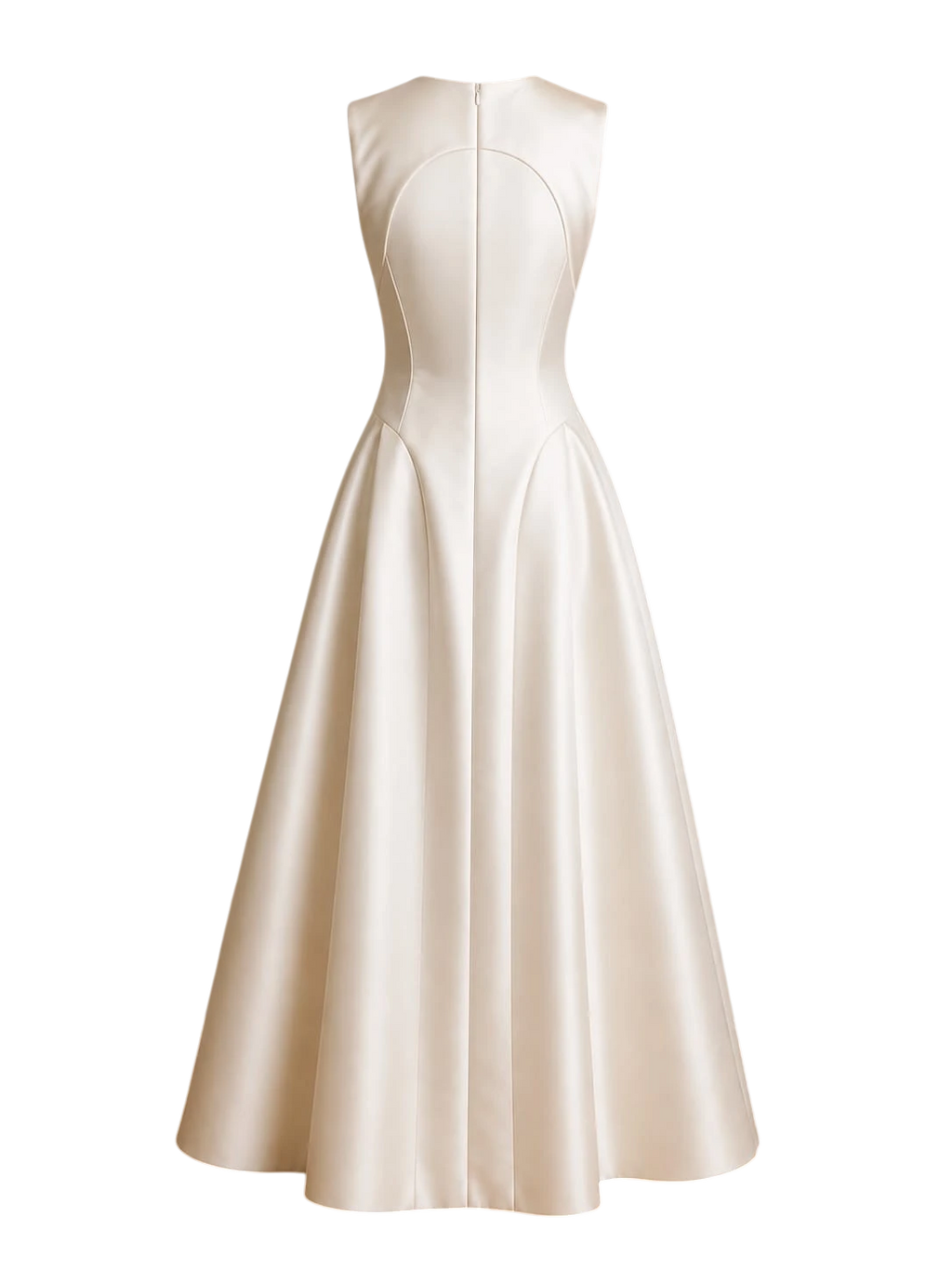 Mkeyzee London Delianna gown in ivory duchess satin with a structured bodice, curved seams, and a voluminous skirt.