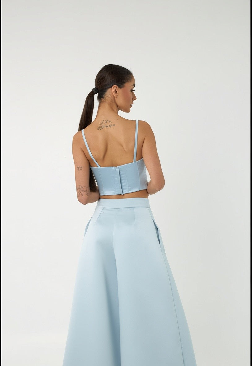 Mkeyzee London Elara Dusk light blue silk corset top with structured back view on a model