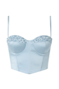 Mkeyzee London Elara Dusk corset top in light blue silk duchess with hand-applied natural aquamarine stone detailing.