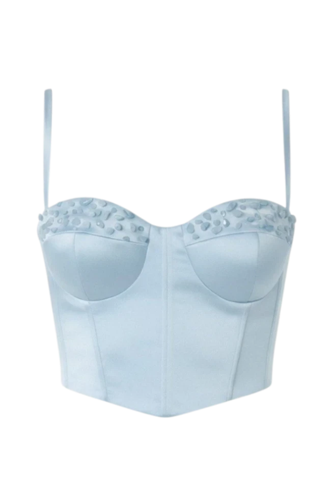 Mkeyzee London Elara Dusk corset top in light blue silk duchess with hand-applied natural aquamarine stone detailing.