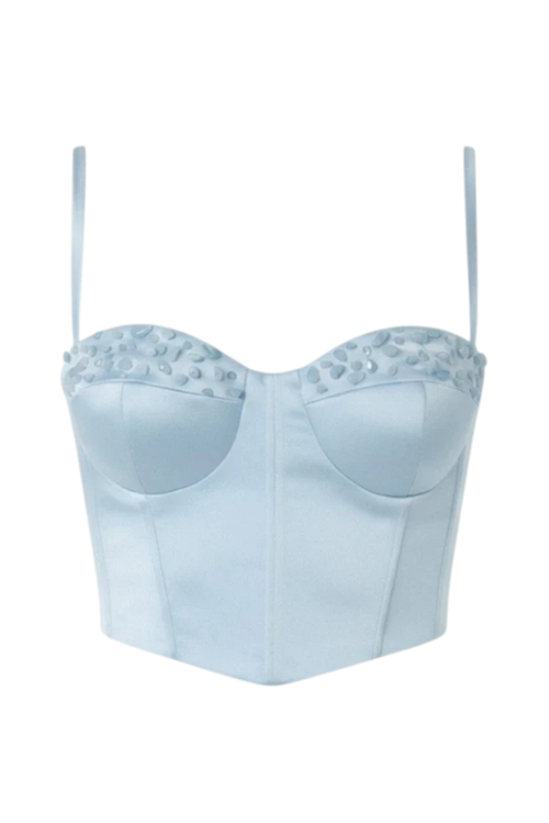 Mkeyzee London Elara Dusk corset top in light blue silk duchess with hand-applied natural aquamarine stone detailing.