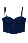 Mkeyzee London Elara Midnight dark indigo denim corset top with sculpted underwired cups and panel detailing.