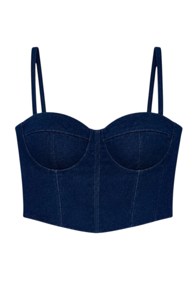 Mkeyzee London Elara Midnight dark indigo denim corset top with sculpted underwired cups and panel detailing.