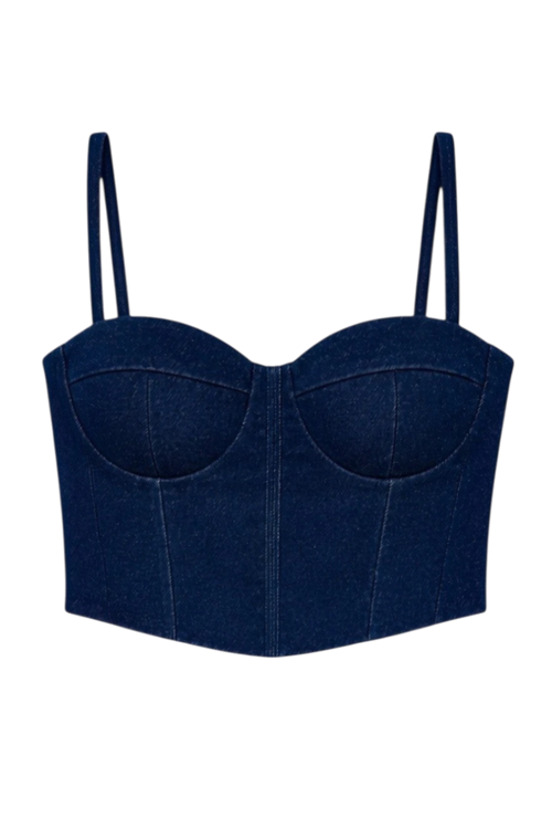 Mkeyzee London Elara Midnight dark indigo denim corset top with sculpted underwired cups and panel detailing.