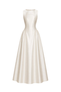 Mkeyzee London Elianna dress in cream satin with a sleeveless bodice and a full, structured A-line skirt.