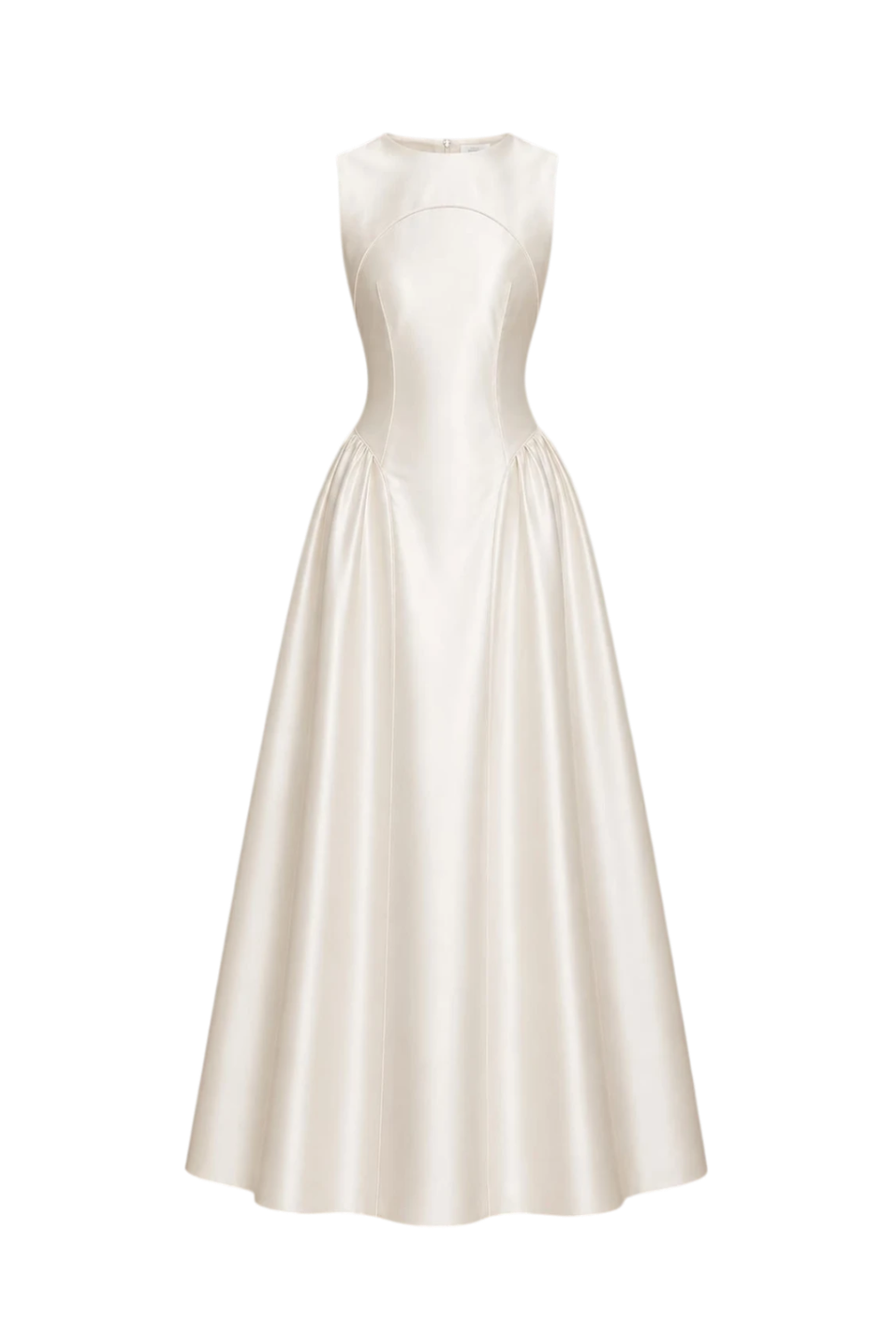 Mkeyzee London Elianna dress in cream satin with a sleeveless bodice and a full, structured A-line skirt.