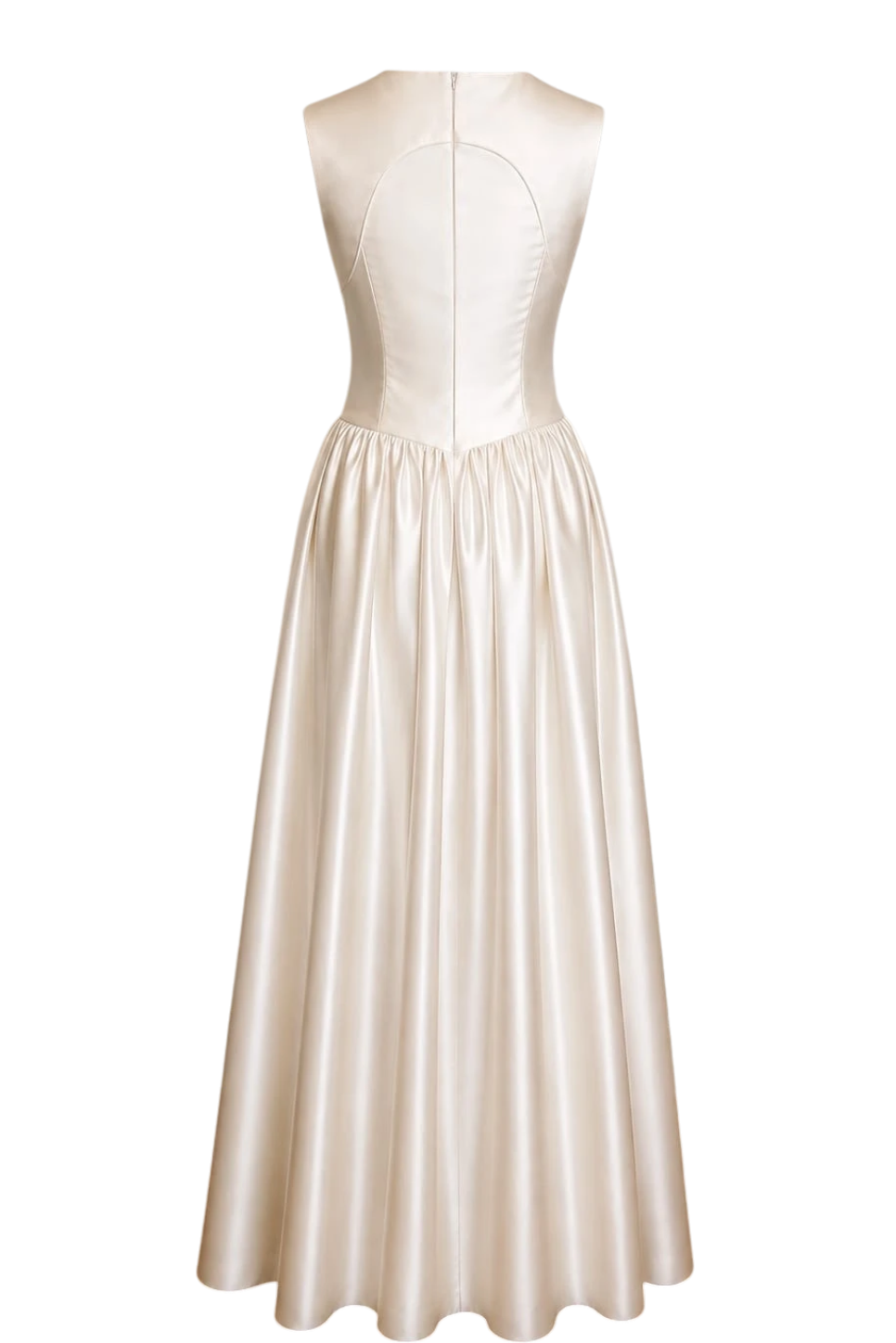 Mkeyzee London Elianna dress in ivory satin with a sleeveless bodice and a full pleated floor-length skirt