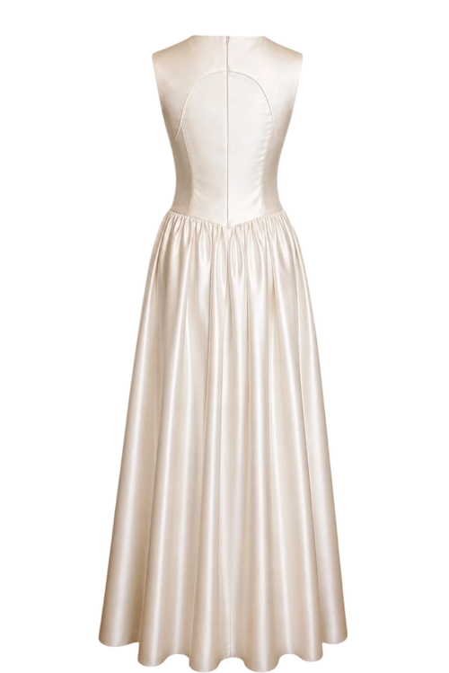 Mkeyzee London Elianna dress in ivory satin with a sleeveless bodice and a full pleated floor-length skirt