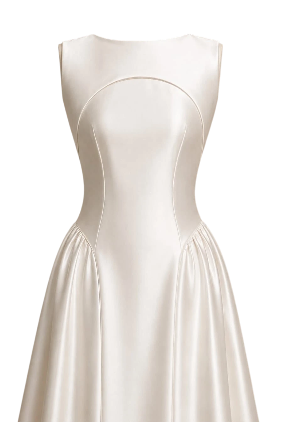 Mkeyzee London Elianna dress in ivory satin featuring a sleeveless bodice with a curved neckline and pleated skirt.