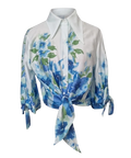 Mkeyzee London Fiorella cropped cotton shirt in white with a blue and green floral print and front tie detail.