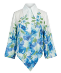 Mkeyzee London FIORELLA cropped cotton shirt in white with a blue floral print and bracelet length sleeves.
