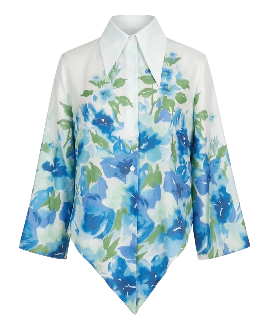 Mkeyzee London FIORELLA cropped cotton shirt in white with a blue floral print and bracelet length sleeves.
