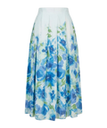 Mkeyzee London Fiorella midi skirt in white cotton with a blue floral print and pleated structure.