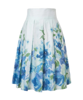 Mkeyzee London Fiorella knee-length pleated skirt in white cotton with a blue floral print.