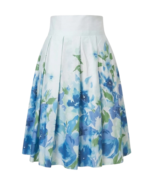 Mkeyzee London Fiorella knee-length pleated skirt in white cotton with a blue floral print.