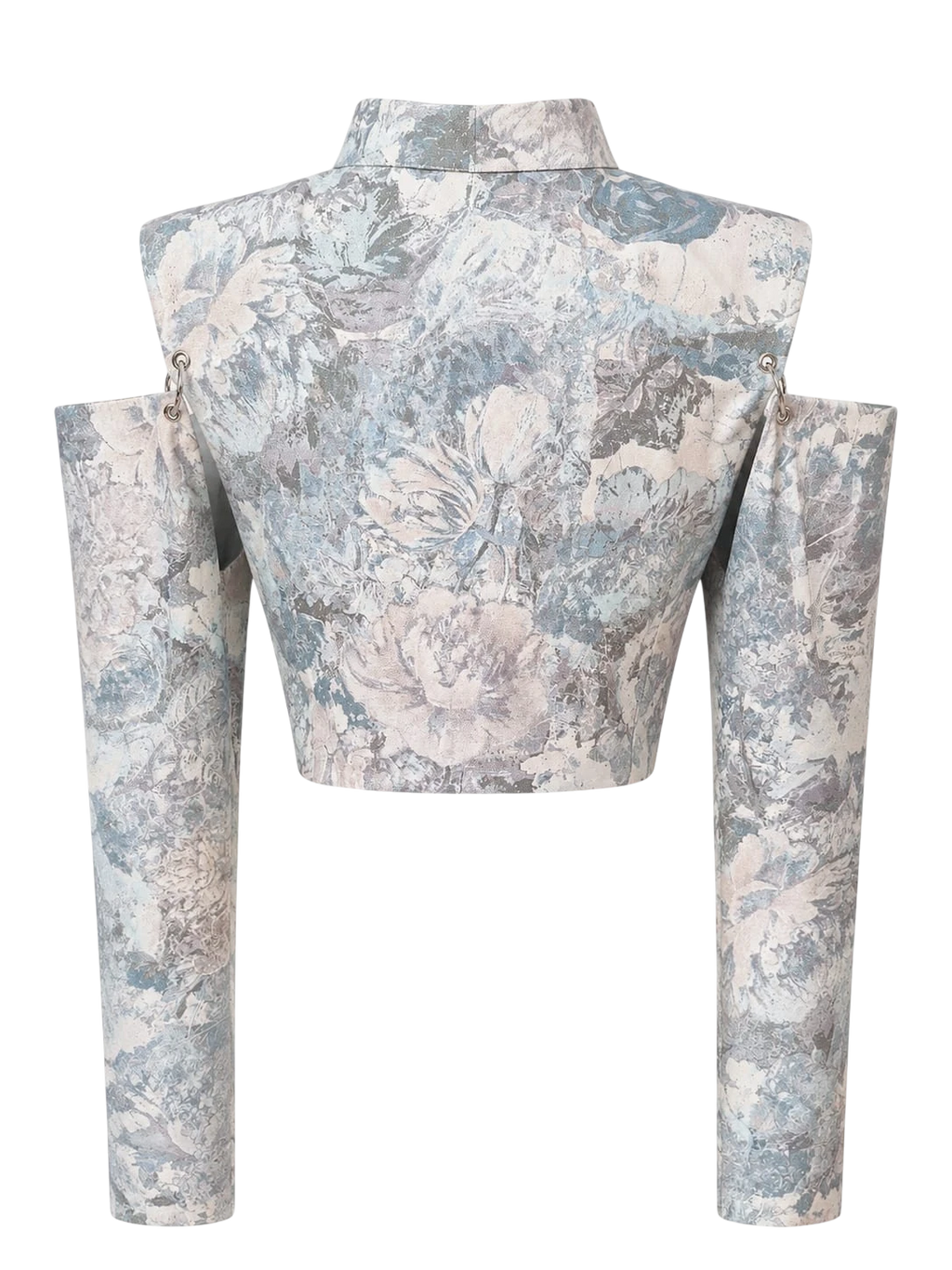 Mkeyzee London Thea cropped jacket in floral printed cotton with structured shoulders and detachable sleeves, back view