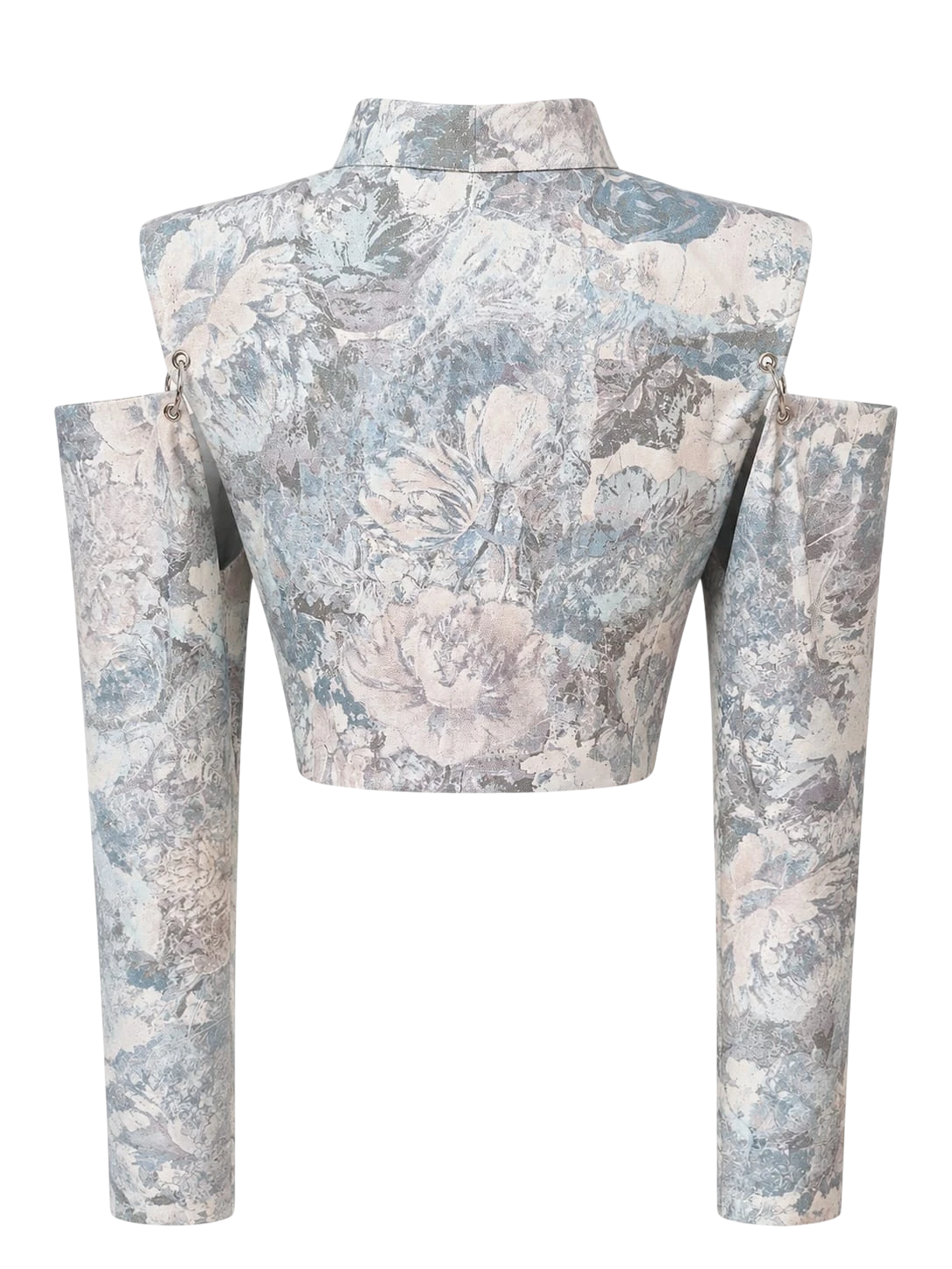 Mkeyzee London Thea cropped jacket in floral printed cotton with structured shoulders and detachable sleeves, back view