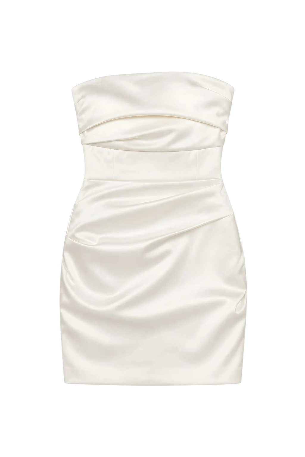 Mkeyzee London Rumi mini dress in ivory satin featuring a strapless neckline and elegant ruched detailing.