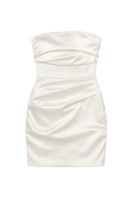 Mkeyzee London Rumi mini dress in ivory satin featuring a strapless neckline and elegant ruched detailing.