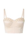 Mkeyzee London ivory silk duchess corset top with hand-applied citrine stone detailing on sculpted underwired cups.