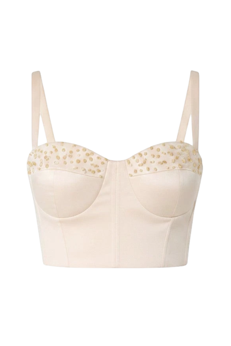 Mkeyzee London ivory silk duchess corset top with hand-applied citrine stone detailing on sculpted underwired cups.