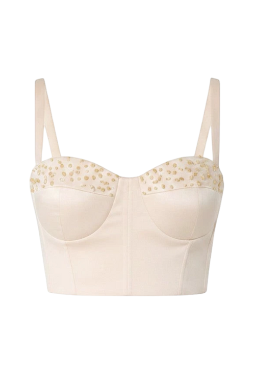 Mkeyzee London ivory silk duchess corset top with hand-applied citrine stone detailing on sculpted underwired cups.