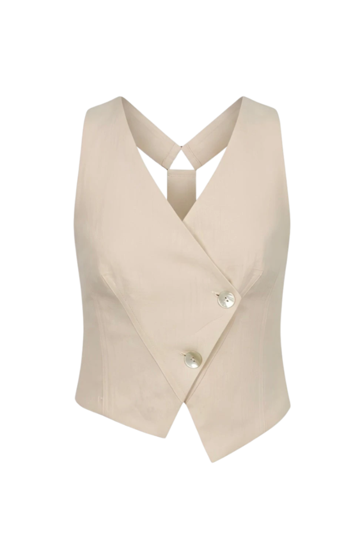 Mkeyzee London Nolia sand linen waistcoat with V-neck, double-button closure, and pointed asymmetric hem.