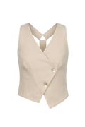 Mkeyzee London Nolia sand linen waistcoat with V-neck, double-button closure, and pointed asymmetric hem.